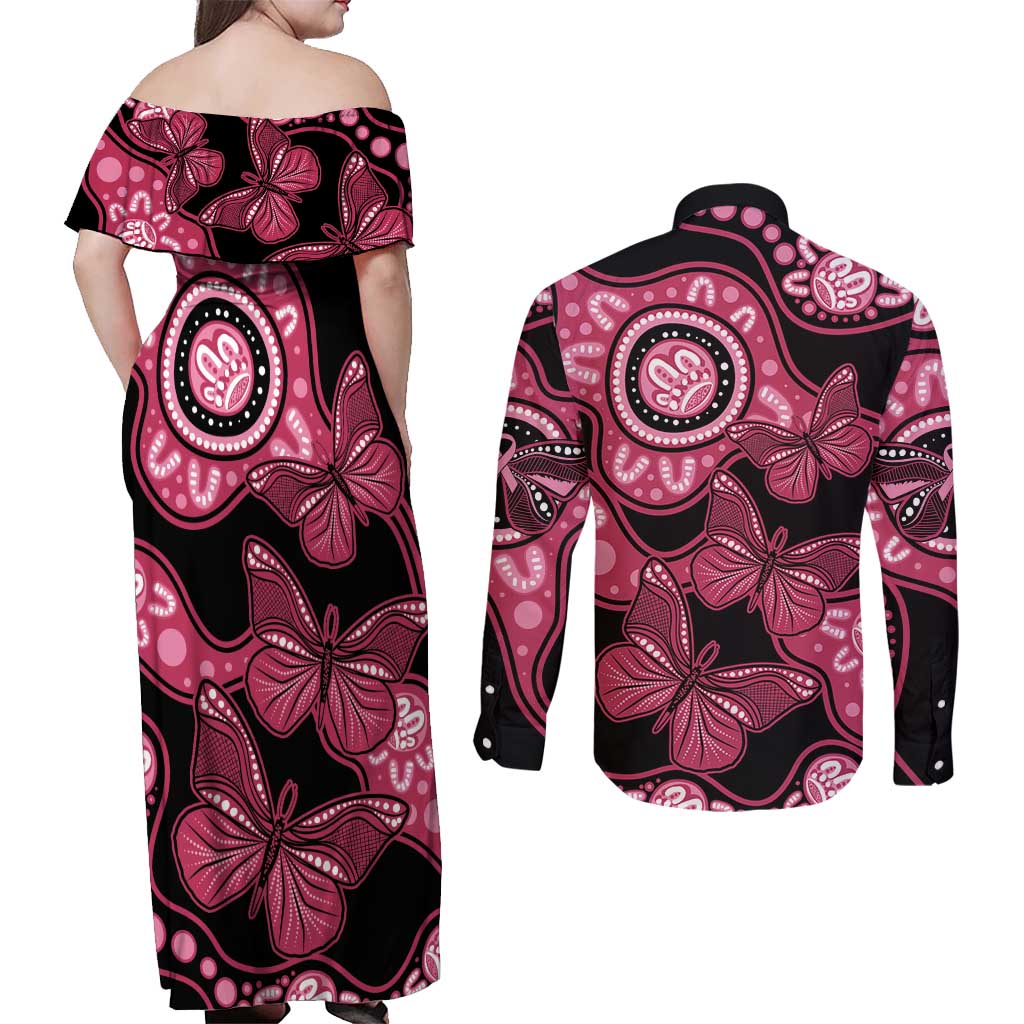 Australia Indigenous Couples Matching Off Shoulder Maxi Dress and Long Sleeve Button Shirt Breast Cancer Black Aboriginal Butterfly