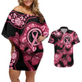 Australia Indigenous Couples Matching Off Shoulder Short Dress and Hawaiian Shirt Breast Cancer Black Aboriginal Butterfly