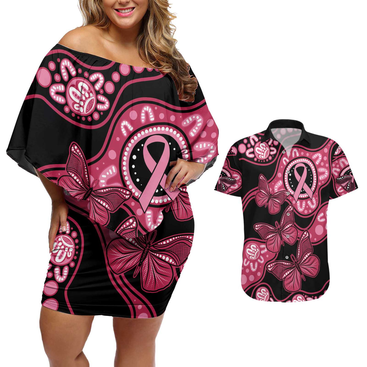 Australia Indigenous Couples Matching Off Shoulder Short Dress and Hawaiian Shirt Breast Cancer Black Aboriginal Butterfly