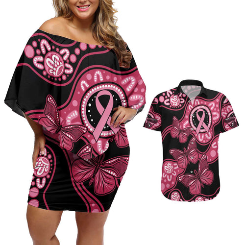Australia Indigenous Couples Matching Off Shoulder Short Dress and Hawaiian Shirt Breast Cancer Black Aboriginal Butterfly
