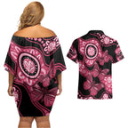 Australia Indigenous Couples Matching Off Shoulder Short Dress and Hawaiian Shirt Breast Cancer Black Aboriginal Butterfly