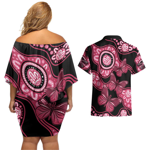 Australia Indigenous Couples Matching Off Shoulder Short Dress and Hawaiian Shirt Breast Cancer Black Aboriginal Butterfly