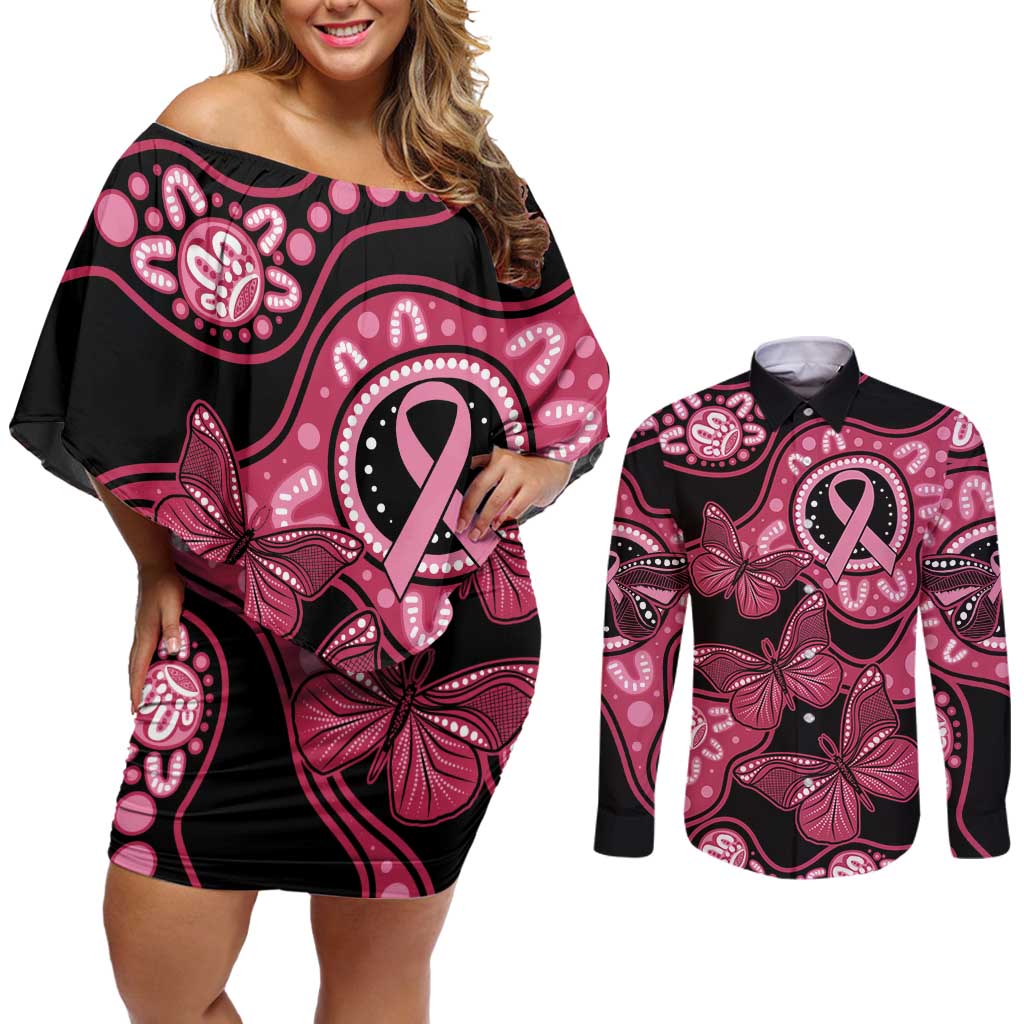 Australia Indigenous Couples Matching Off Shoulder Short Dress and Long Sleeve Button Shirt Breast Cancer Black Aboriginal Butterfly