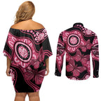 Australia Indigenous Couples Matching Off Shoulder Short Dress and Long Sleeve Button Shirt Breast Cancer Black Aboriginal Butterfly