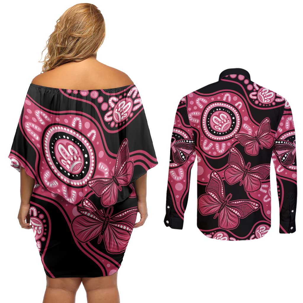 Australia Indigenous Couples Matching Off Shoulder Short Dress and Long Sleeve Button Shirt Breast Cancer Black Aboriginal Butterfly