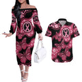 Australia Indigenous Couples Matching Off The Shoulder Long Sleeve Dress and Hawaiian Shirt Breast Cancer Black Aboriginal Butterfly