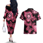 Australia Indigenous Couples Matching Off The Shoulder Long Sleeve Dress and Hawaiian Shirt Breast Cancer Black Aboriginal Butterfly