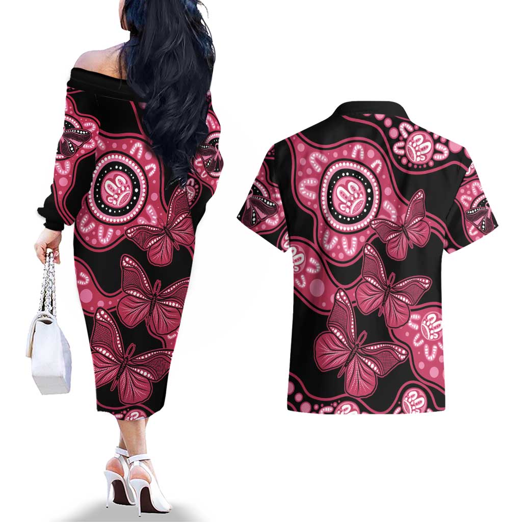 Australia Indigenous Couples Matching Off The Shoulder Long Sleeve Dress and Hawaiian Shirt Breast Cancer Black Aboriginal Butterfly