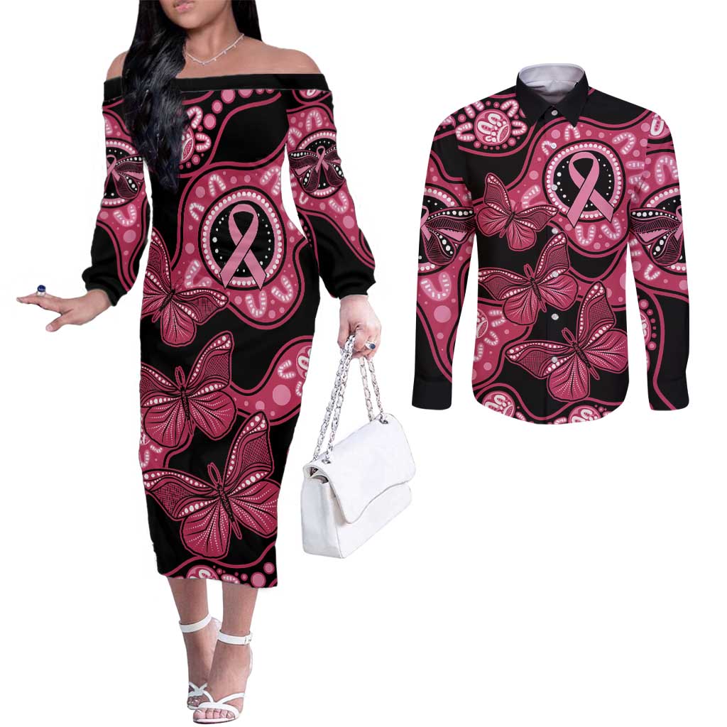 Australia Indigenous Couples Matching Off The Shoulder Long Sleeve Dress and Long Sleeve Button Shirt Breast Cancer Black Aboriginal Butterfly