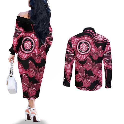 Australia Indigenous Couples Matching Off The Shoulder Long Sleeve Dress and Long Sleeve Button Shirt Breast Cancer Black Aboriginal Butterfly
