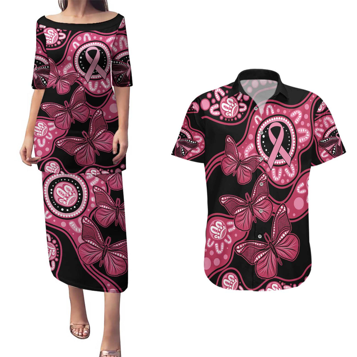 Australia Indigenous Couples Matching Puletasi and Hawaiian Shirt Breast Cancer Black Aboriginal Butterfly
