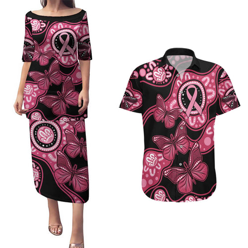 Australia Indigenous Couples Matching Puletasi and Hawaiian Shirt Breast Cancer Black Aboriginal Butterfly