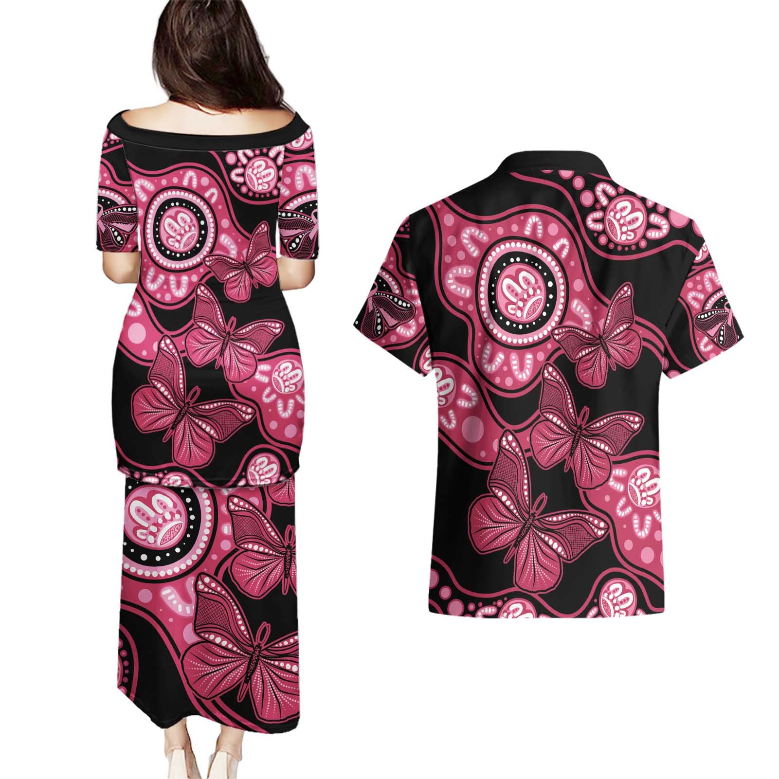 Australia Indigenous Couples Matching Puletasi and Hawaiian Shirt Breast Cancer Black Aboriginal Butterfly