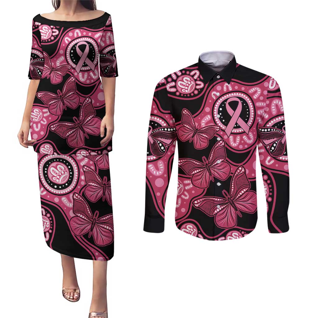 Australia Indigenous Couples Matching Puletasi and Long Sleeve Button Shirt Breast Cancer Black Aboriginal Butterfly