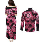 Australia Indigenous Couples Matching Puletasi and Long Sleeve Button Shirt Breast Cancer Black Aboriginal Butterfly