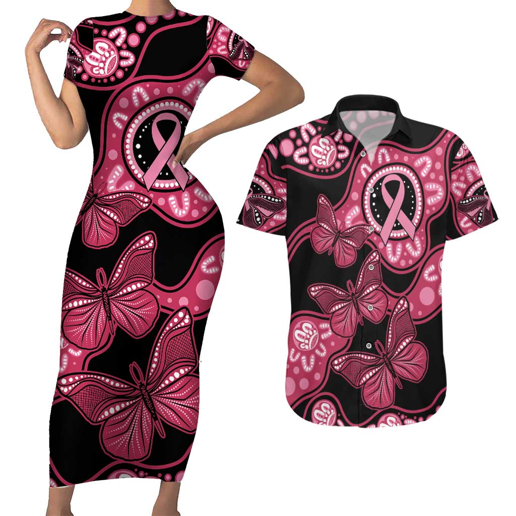 Australia Indigenous Couples Matching Short Sleeve Bodycon Dress and Hawaiian Shirt Breast Cancer Black Aboriginal Butterfly