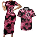 Australia Indigenous Couples Matching Short Sleeve Bodycon Dress and Hawaiian Shirt Breast Cancer Black Aboriginal Butterfly