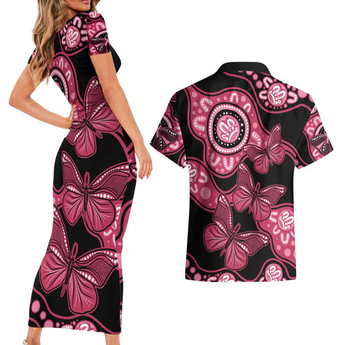 Australia Indigenous Couples Matching Short Sleeve Bodycon Dress and Hawaiian Shirt Breast Cancer Black Aboriginal Butterfly