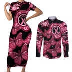 Australia Indigenous Couples Matching Short Sleeve Bodycon Dress and Long Sleeve Button Shirt Breast Cancer Black Aboriginal Butterfly