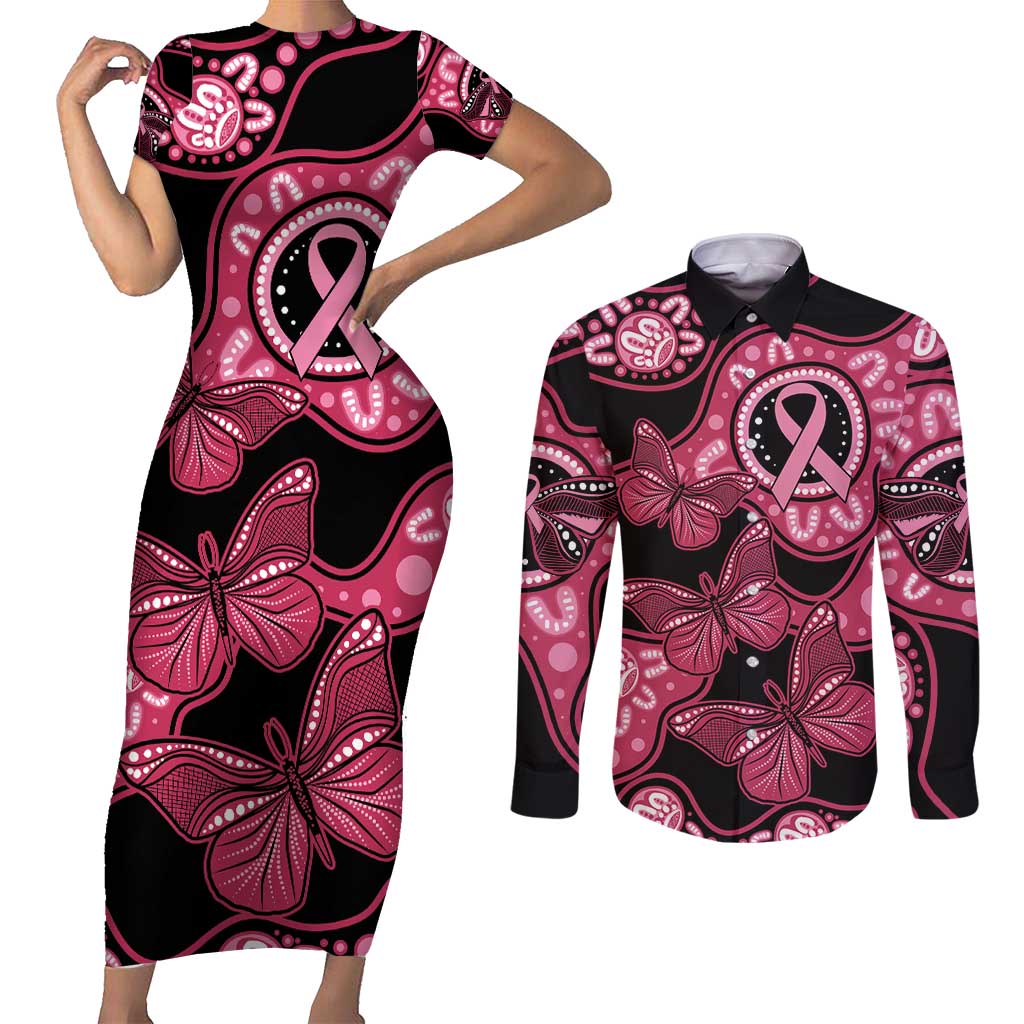 Australia Indigenous Couples Matching Short Sleeve Bodycon Dress and Long Sleeve Button Shirt Breast Cancer Black Aboriginal Butterfly