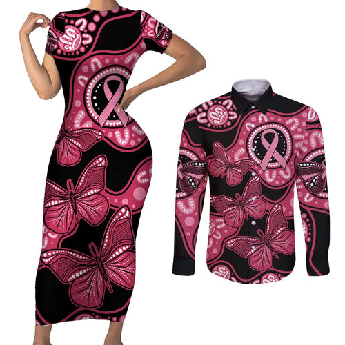 Australia Indigenous Couples Matching Short Sleeve Bodycon Dress and Long Sleeve Button Shirt Breast Cancer Black Aboriginal Butterfly