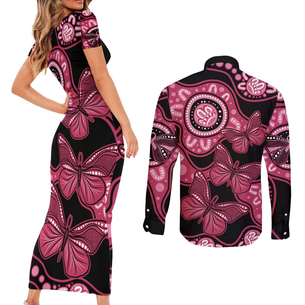 Australia Indigenous Couples Matching Short Sleeve Bodycon Dress and Long Sleeve Button Shirt Breast Cancer Black Aboriginal Butterfly