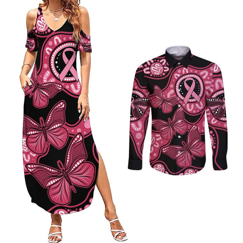 Australia Indigenous Couples Matching Summer Maxi Dress and Long Sleeve Button Shirt Breast Cancer Black Aboriginal Butterfly