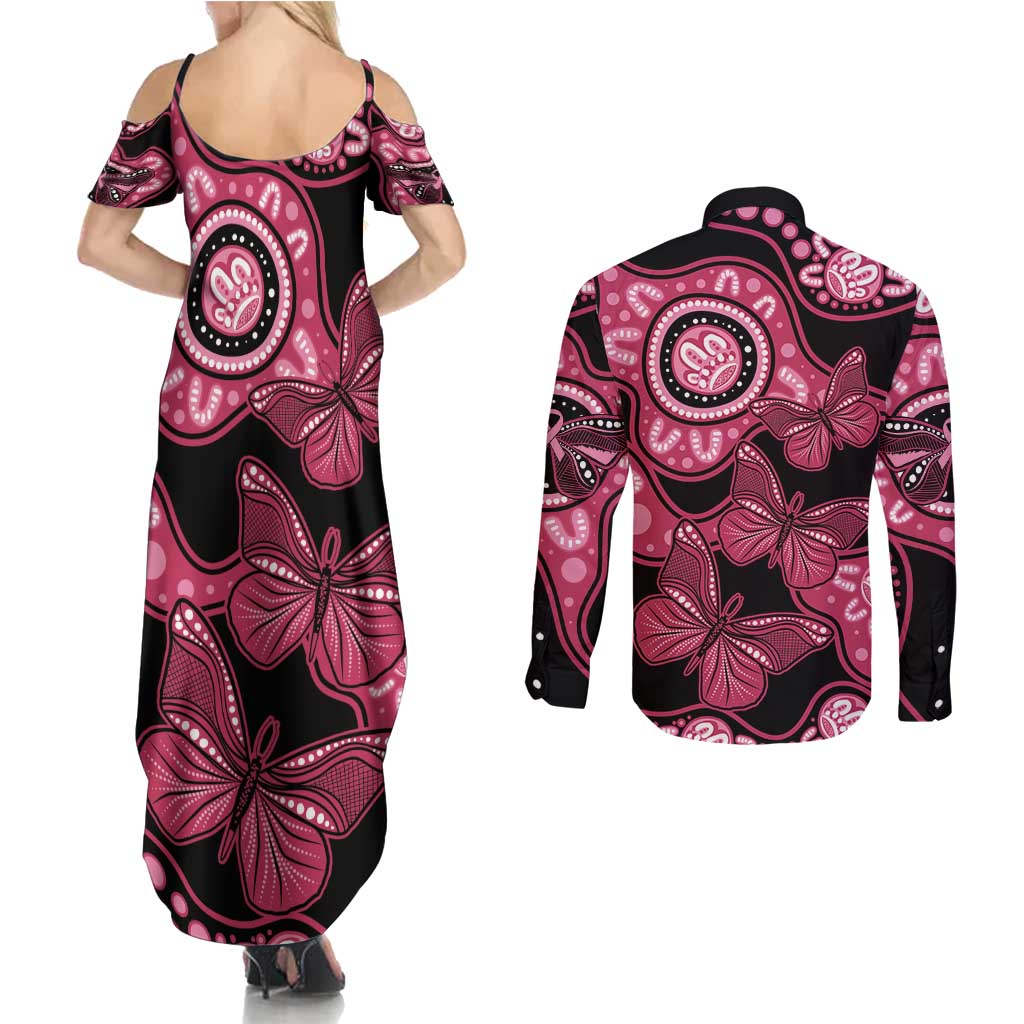 Australia Indigenous Couples Matching Summer Maxi Dress and Long Sleeve Button Shirt Breast Cancer Black Aboriginal Butterfly