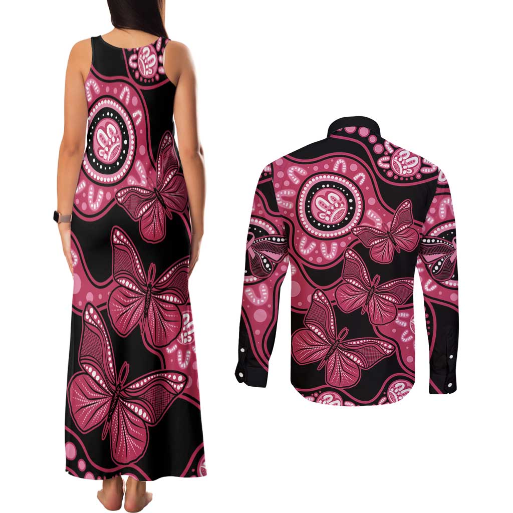 Australia Indigenous Couples Matching Tank Maxi Dress and Long Sleeve Button Shirt Breast Cancer Black Aboriginal Butterfly