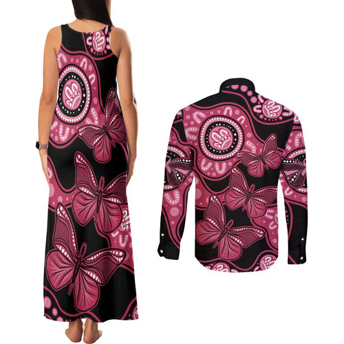 Australia Indigenous Couples Matching Tank Maxi Dress and Long Sleeve Button Shirt Breast Cancer Black Aboriginal Butterfly