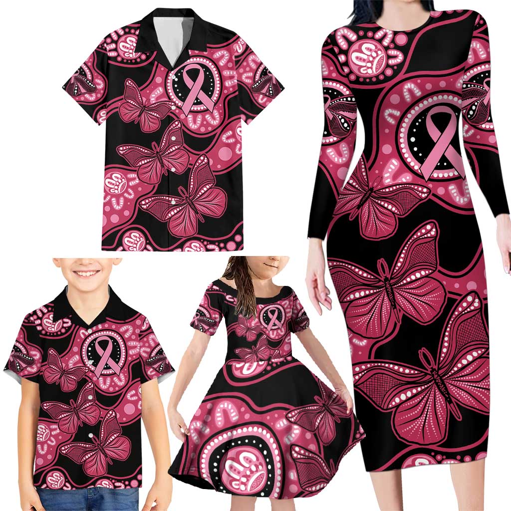 Australia Indigenous Family Matching Long Sleeve Bodycon Dress and Hawaiian Shirt Breast Cancer Black Aboriginal Butterfly