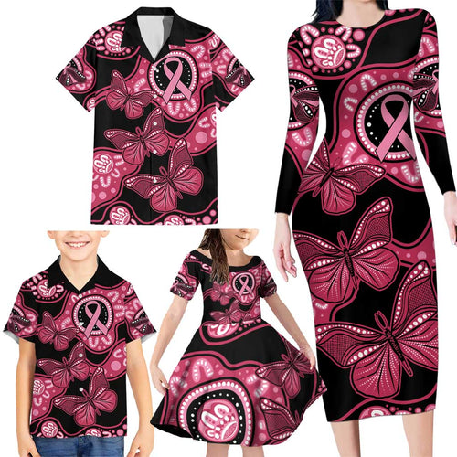 Australia Indigenous Family Matching Long Sleeve Bodycon Dress and Hawaiian Shirt Breast Cancer Black Aboriginal Butterfly