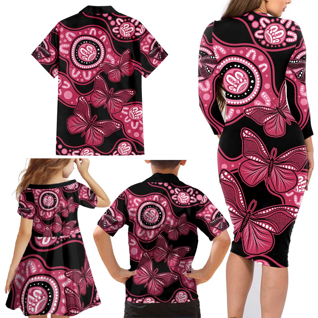 Australia Indigenous Family Matching Long Sleeve Bodycon Dress and Hawaiian Shirt Breast Cancer Black Aboriginal Butterfly