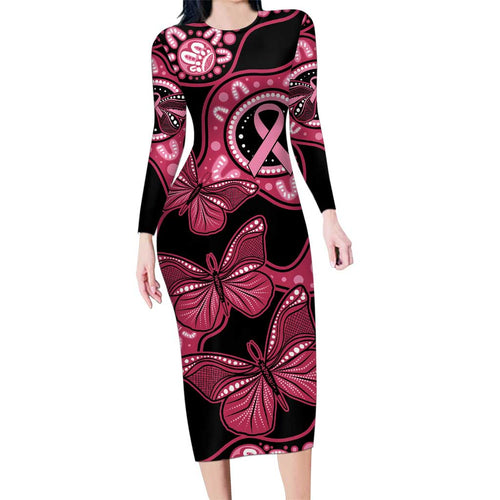 Australia Indigenous Family Matching Long Sleeve Bodycon Dress and Hawaiian Shirt Breast Cancer Black Aboriginal Butterfly