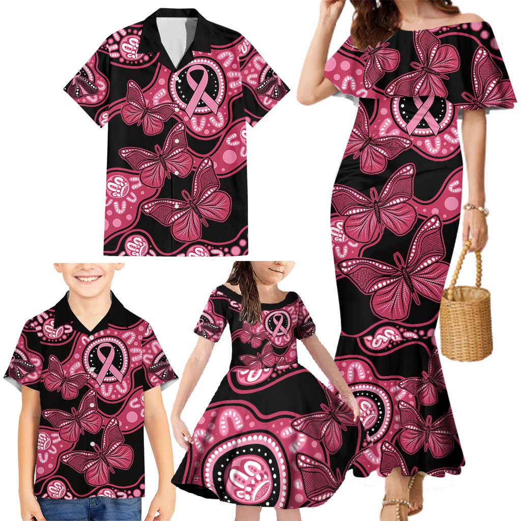 Australia Indigenous Family Matching Mermaid Dress and Hawaiian Shirt Breast Cancer Black Aboriginal Butterfly
