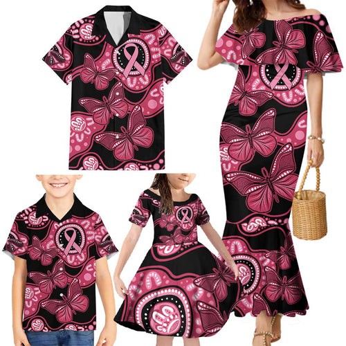 Australia Indigenous Family Matching Mermaid Dress and Hawaiian Shirt Breast Cancer Black Aboriginal Butterfly