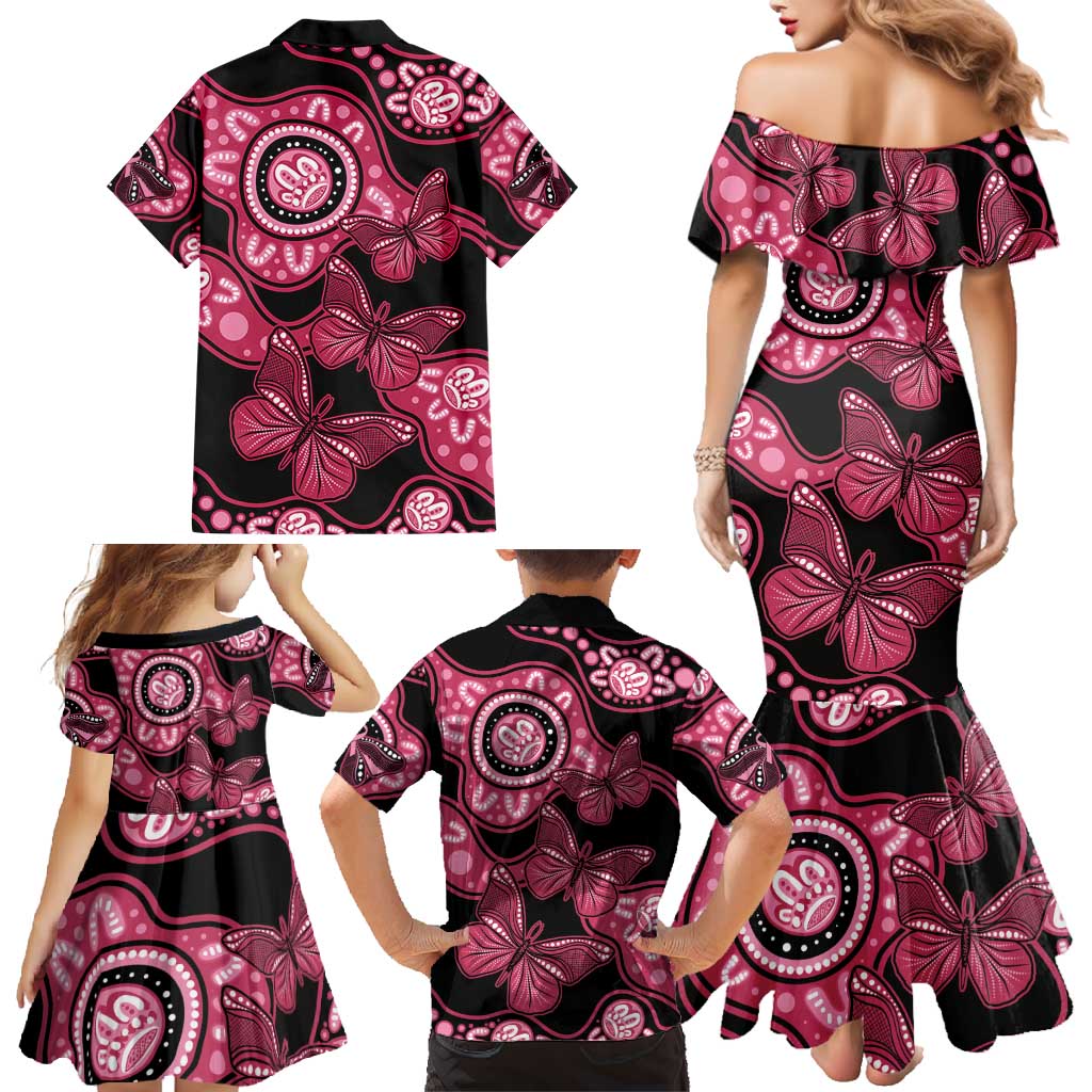 Australia Indigenous Family Matching Mermaid Dress and Hawaiian Shirt Breast Cancer Black Aboriginal Butterfly