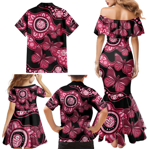 Australia Indigenous Family Matching Mermaid Dress and Hawaiian Shirt Breast Cancer Black Aboriginal Butterfly