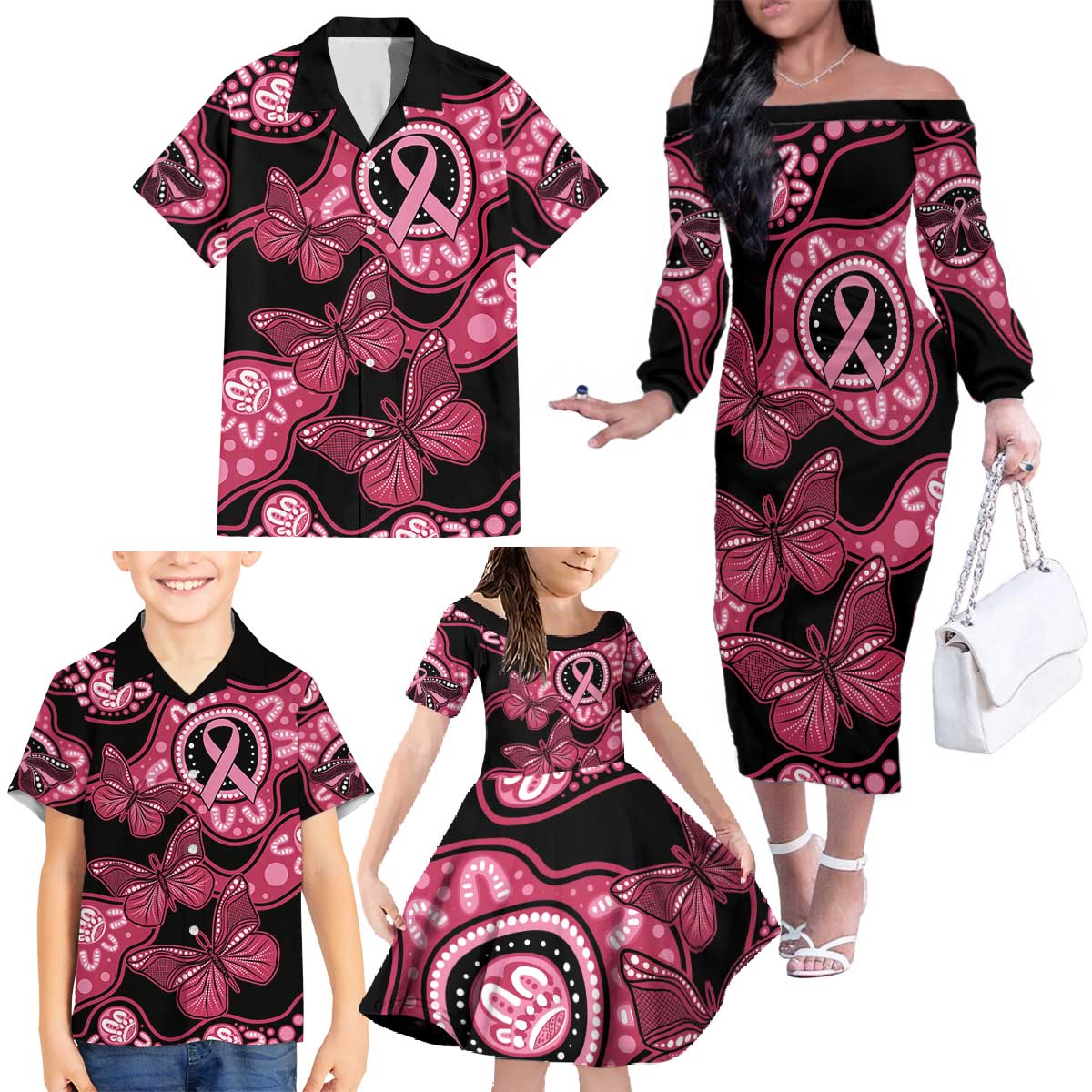 Australia Indigenous Family Matching Off The Shoulder Long Sleeve Dress and Hawaiian Shirt Breast Cancer Black Aboriginal Butterfly