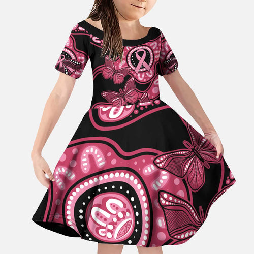 Australia Indigenous Family Matching Off The Shoulder Long Sleeve Dress and Hawaiian Shirt Breast Cancer Black Aboriginal Butterfly