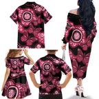 Australia Indigenous Family Matching Off The Shoulder Long Sleeve Dress and Hawaiian Shirt Breast Cancer Black Aboriginal Butterfly