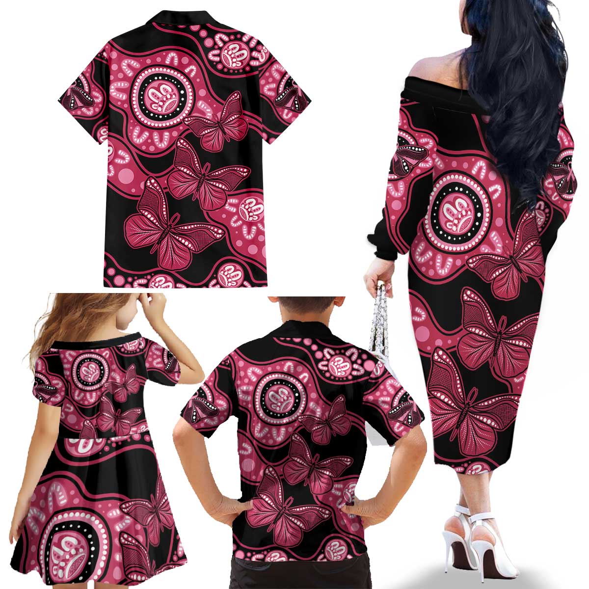 Australia Indigenous Family Matching Off The Shoulder Long Sleeve Dress and Hawaiian Shirt Breast Cancer Black Aboriginal Butterfly