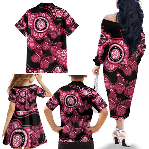 Australia Indigenous Family Matching Off The Shoulder Long Sleeve Dress and Hawaiian Shirt Breast Cancer Black Aboriginal Butterfly