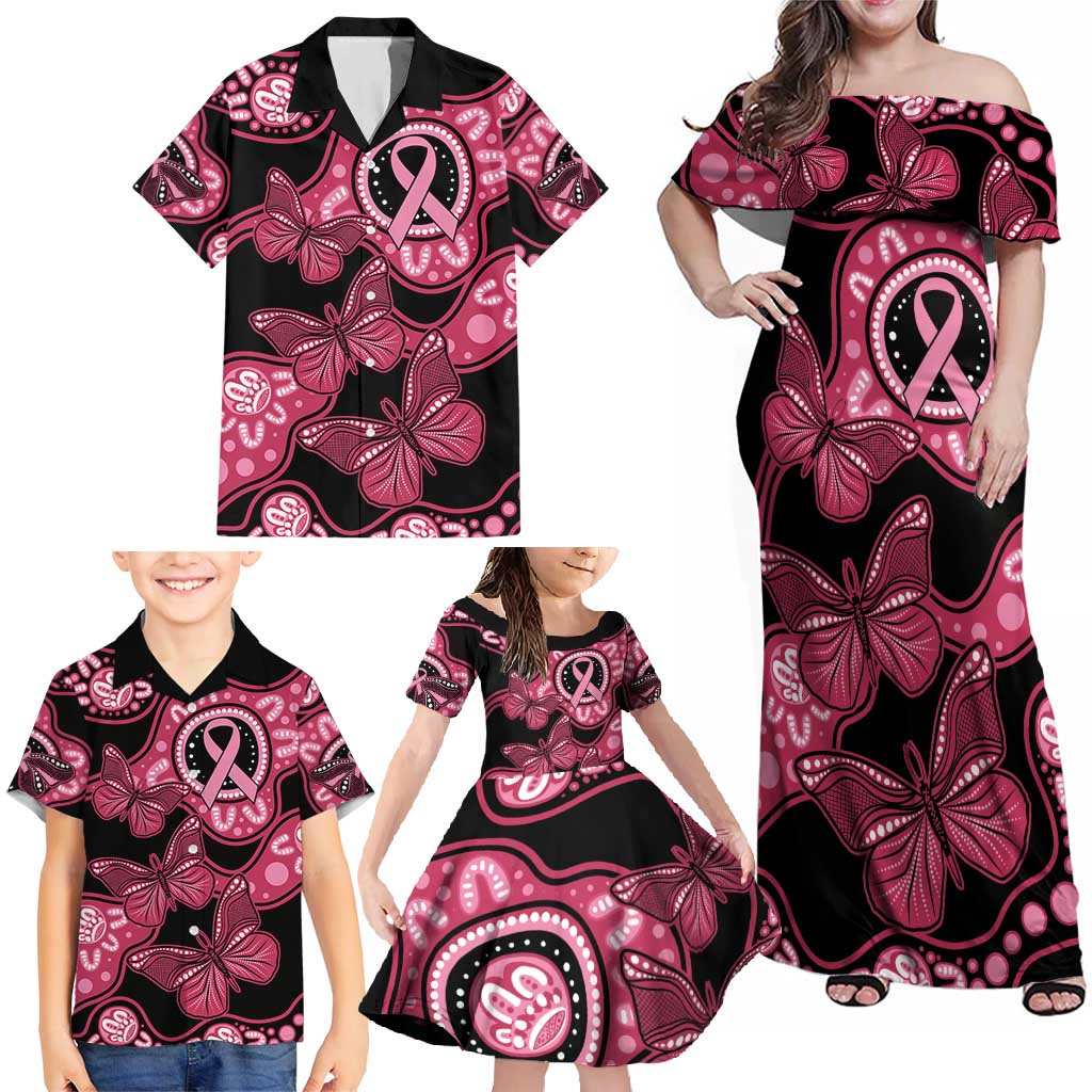 Australia Indigenous Family Matching Off Shoulder Maxi Dress and Hawaiian Shirt Breast Cancer Black Aboriginal Butterfly