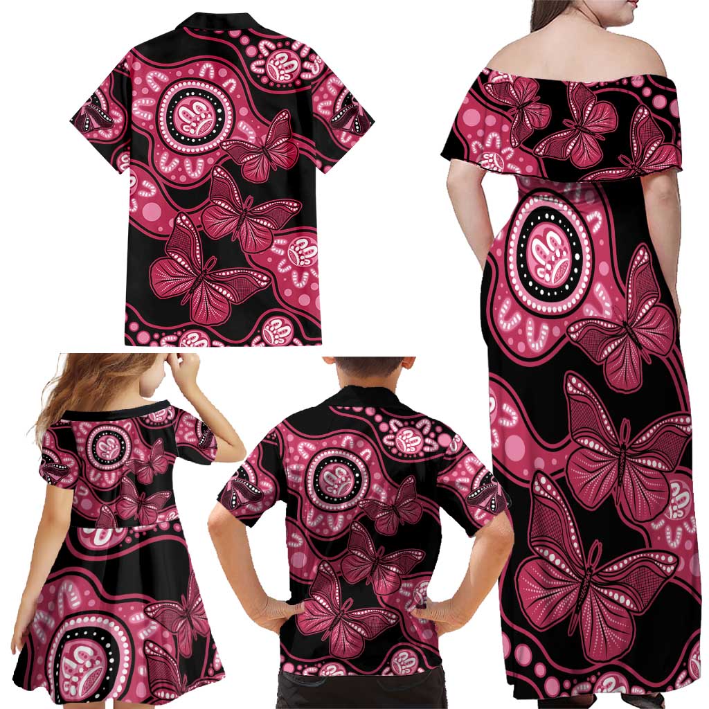 Australia Indigenous Family Matching Off Shoulder Maxi Dress and Hawaiian Shirt Breast Cancer Black Aboriginal Butterfly
