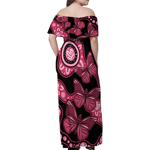 Australia Indigenous Family Matching Off Shoulder Maxi Dress and Hawaiian Shirt Breast Cancer Black Aboriginal Butterfly