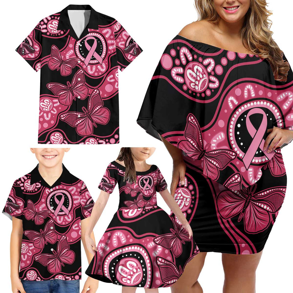 Australia Indigenous Family Matching Off Shoulder Short Dress and Hawaiian Shirt Breast Cancer Black Aboriginal Butterfly