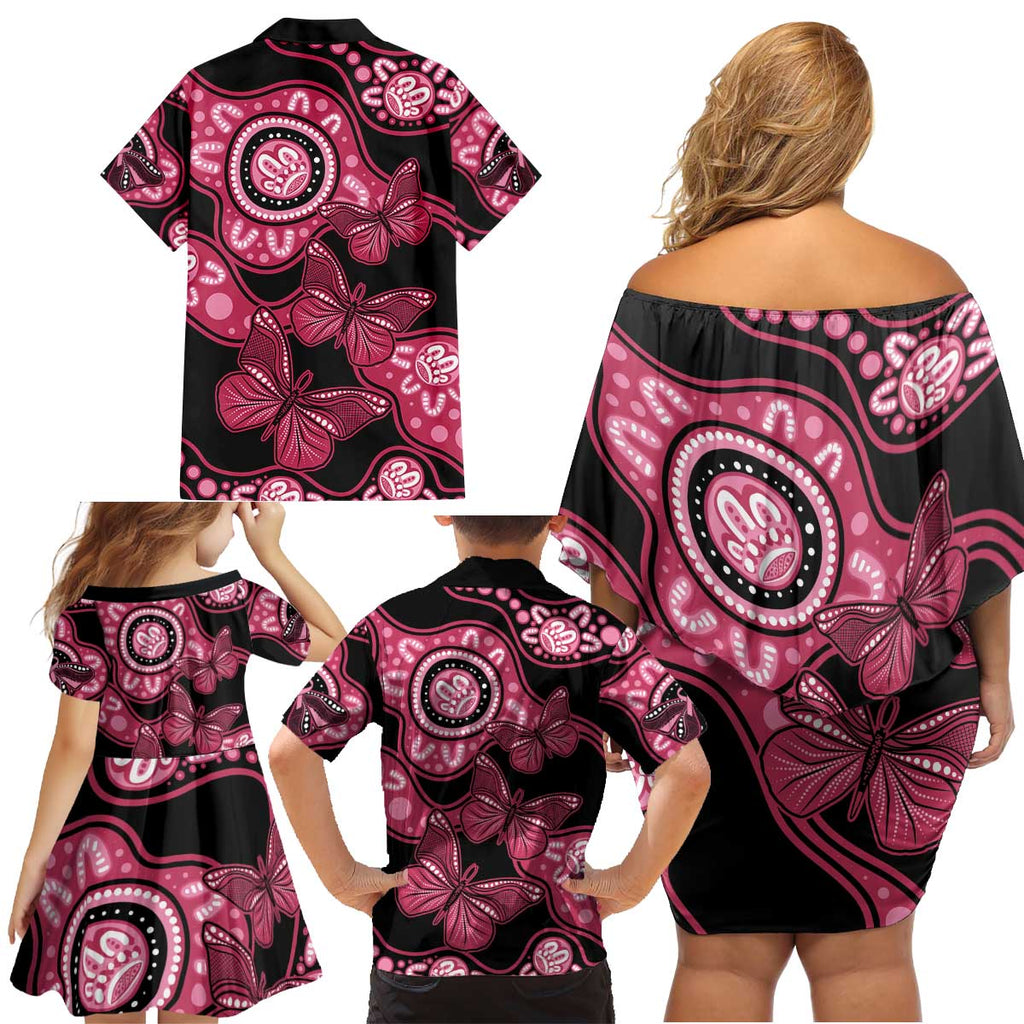 Australia Indigenous Family Matching Off Shoulder Short Dress and Hawaiian Shirt Breast Cancer Black Aboriginal Butterfly