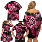 Australia Indigenous Family Matching Off Shoulder Short Dress and Hawaiian Shirt Breast Cancer Black Aboriginal Butterfly