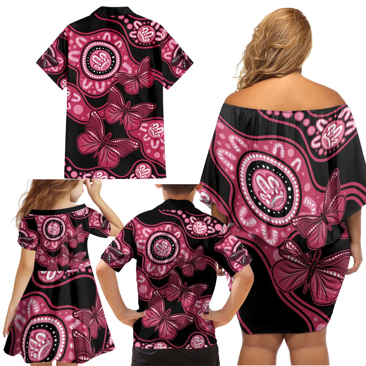 Australia Indigenous Family Matching Off Shoulder Short Dress and Hawaiian Shirt Breast Cancer Black Aboriginal Butterfly